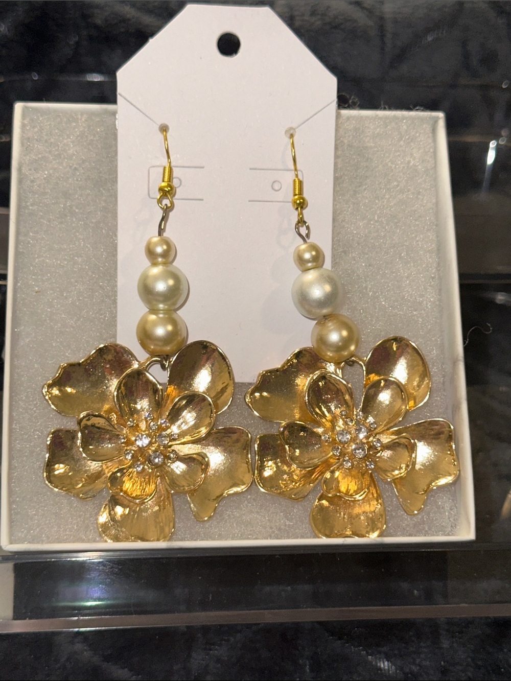 Handmade Gold Floral Drop Earrings with Pearl Beads